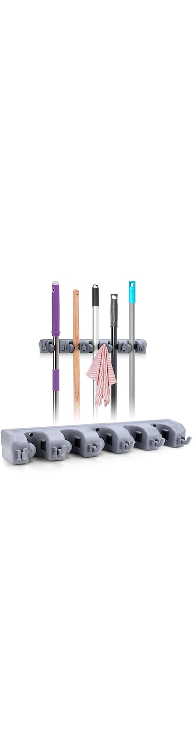 Broom Mop Holder and Garden Tools Organizer Rack with 6 Heavy Duty Storage Hooks - Wall Mounted for Space Saving Storage