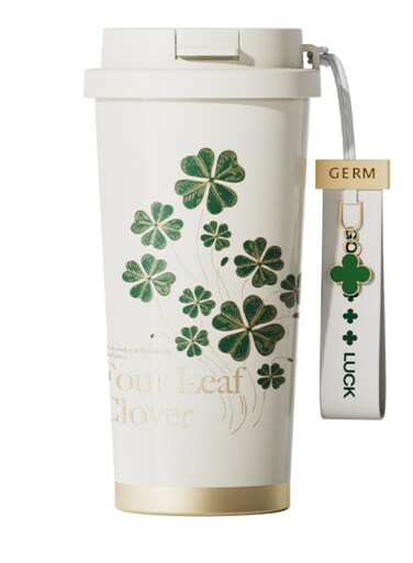 Happy Green Coffee Tumbler 500ml   GERM Clover Shining Series Stainless Steel Vacuum Flask with Straw Lid   BPA-Free Leak-Proof Insulated Travel Cup   Hot &amp; Cold Reusable Mug for Office, School &amp; Daily Use