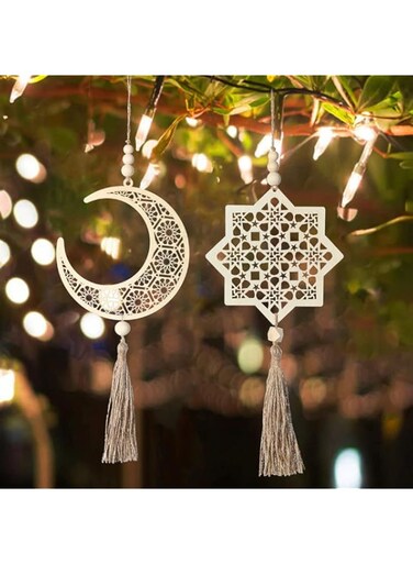 HUSUG 2 Pcs Wooden Pendant Ornament Ramadan Kareem Decoration Moon Star Wind Light Shape Pendant Ornament for Ramadan Mubarak Eid Decorations (A)