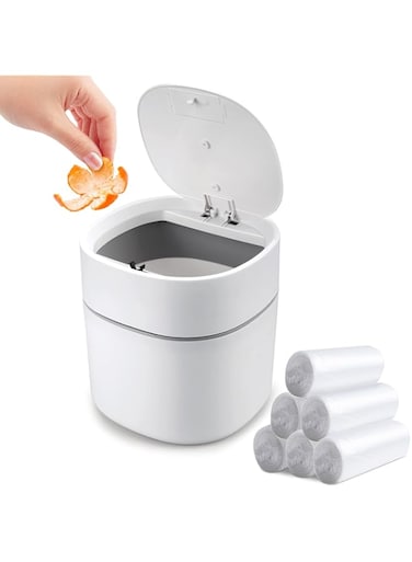 Business King Mini Desk Trash Can with Lid with Trash Bags 180 pcs Press-Top 0.5 Gallon Tiny Countertop Waste Basket Small Table Top Plastic Covered Garbage Bin for Desk Top