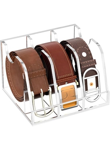 Acrylic Belt Storage Holder for Closet &amp; Drawer, 3-Compartment Belt Box with Display Stand