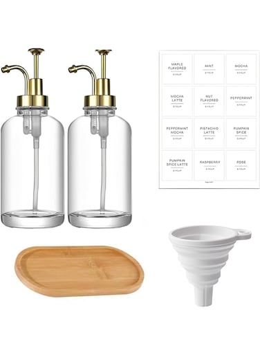 ideagala 500 ml Syrup Dispenser Set of 2, Coffee Syrup Dispenser for Coffee Bar, Glass Syrup Bottle Labels and Bamboo Tray and Funnel, Syrup Pump Dispenser 16.9 oz Golden
