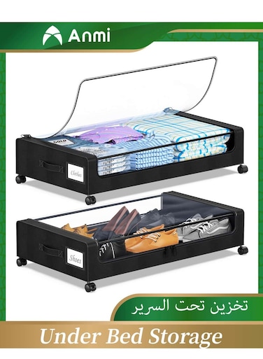 Under Bed Storage with Wheels, XXL 60L Under Bed Storage Containers, under the bed storage Organizer with Clear Lids - Rolling Drawers &amp; Bins for Clothes,Shoes,Toys, 2-Pack (Black)