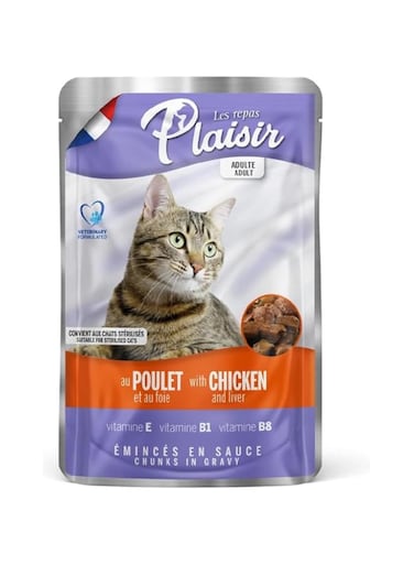 Plaisir Cats Chunks in Gravy (22x100g) Wet Food Cat, Chicken and Liver, Food for Cat, Wet Cat Food, Veterinary Formulated Ingredients, Healthy Wet Cat Food Full of Nutrition