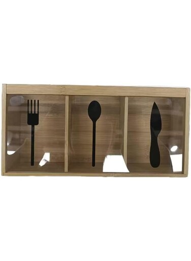 Wooden Cutlery Holder Organizer, Spoon Fork &amp; Knife Storage Box with Transparent Panels, Bamboo Kitchen Utensil Stand for Dining Table &amp; Countertop, Kitchen Cutlery Stand