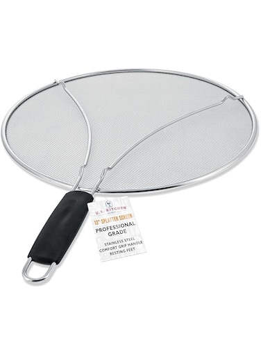 U.S. Kitchen Supply 13" Stainless Steel Fine Mesh Splatter Screen With Resting Feet &amp; Black Comfort Grip Handle