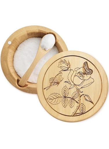 Bamboo Salt Cellar Box Container Bowl with Lid and Spoon Kitchen Spice Cellars Salt Holder Saver Jar with Swivel Magnetic Lid to Storage Salt Pepper Seasonings (Rose Butterfly)