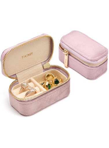 Small Travel Jewelry Case, Mini Tiny Plush Velvet Jewelry Box for Women and Girls, Pocket Size Jewelry holder organizer for Rings Earrings and Small Items(Pink)