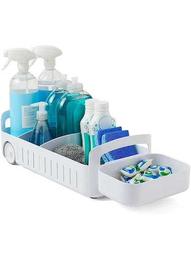YouCopia RollOut Caddy Rolling Storage Bin with 2 Adjustable Dividers and Removable Basket for Kitchen and Bathroom Under Sink Organization, 8" Wide