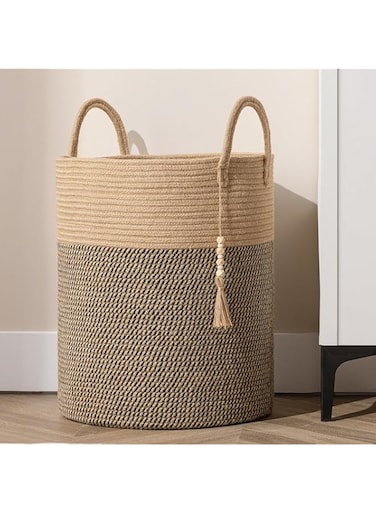 Fohome Laundry Hamper Basket, 58L Tall Woven Rope Baby Nursery Hamper with Handles, Foldable Laundry Basket for Blanket Storage, Clothes, Toys, Decorative Storage Basket (B)