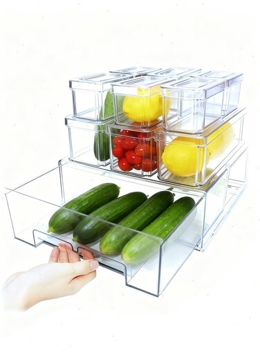 10 Pcs Refrigerator Food Storage Boxes, Transparent Fridge Organizer Containers for Food, Fruit, Vegetable, Meat &amp; Kitchen Storage