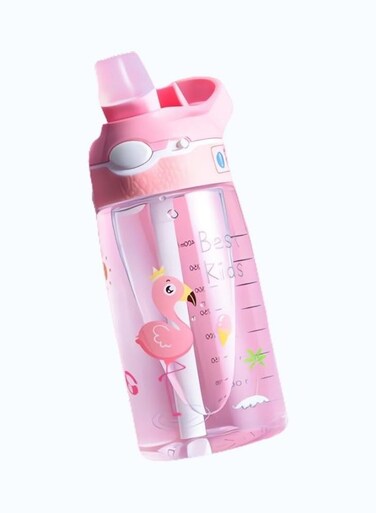 Kids Water Bottle with Straw Lid Reusable Durable Plastic Spout Cover and Built-in Carrying Loop, Big Bite Valve, Pink 480ml