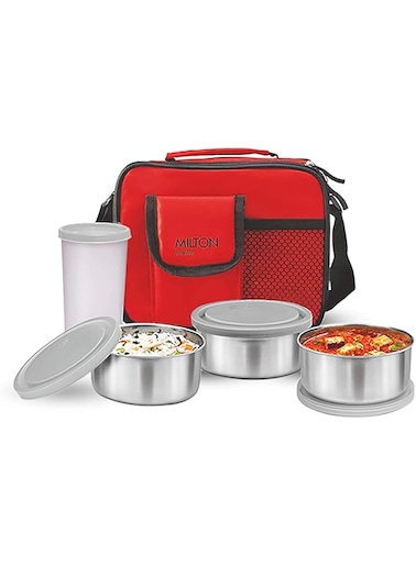 MILTON 5-Piece Lunch Box Set with Insulated Bag - Includes 3 Stainless Steel Containers(280ml Each), 400ml Tumbler, Keeps Food Hot, Ideal for School Kids &amp; Office Tiffin - Steel Combi combo- Red