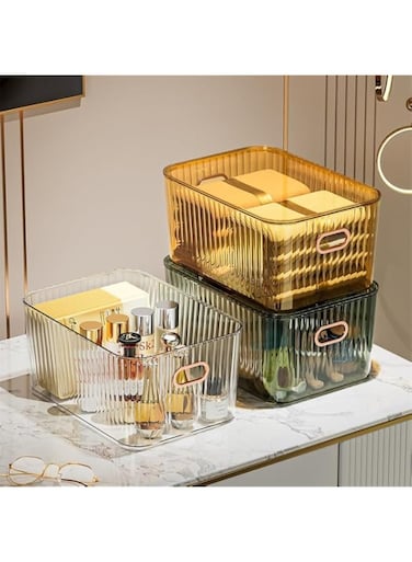 Multi Use Transparent Plastic Storage Box with Lid for Organizing, Stackable Bathroom Kitchen Pantry Organizer Bin Toys Container, Ideal Organiser Bin for The Bathroom (Green Large)