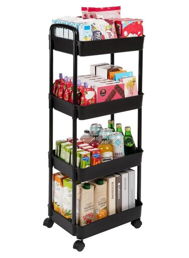 Cart with Lockable Wheels,Multifunctional Storage Shelves with Handle, Mobile Shelving Unit Cart Kitchen Storage Organizer for Bathroom,Laundry,Living Room (Black, 4-Tier)