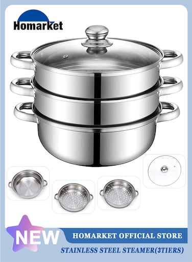 3-Tier Stainless Steel Steamer For Cooking, 11.8 Inch Multi-Layer Steamer Pot With Handles On Both Sides, Steamer Capsule Bottom With Glass Lid - Dumpling Steamer Food, Steam Pot, Veggie Steamer