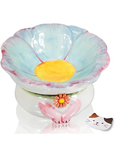 TERRIFI Elevated Ceramic Cat Bowls, Flower Shape Cute Cat Bowls, 6'' Raised Cat Food Bowl for Indoor Cats, Tilted Cat Food Bowls with Non-Slip Mat, Whisker Friendly (Blue)