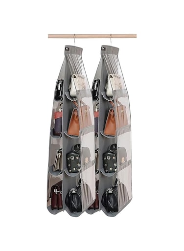 NAWOKEENY 2 Pack Hanging Handbag Purse Organizer, Foldable Purse Organizer with 8 Pockets for Home Bedroom Wardrobe Closet, Thicken Metal Hooks, Washable Dust Proof Nylon Storage Bag, Grey
