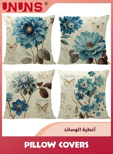 Set Of 4 Linen Throw Pillow Covers,18x18 Inch Farmhouse Blue Flower Home Decor Pillowcases,Square Cushion Covers For Sofa Bed Couch Indoors