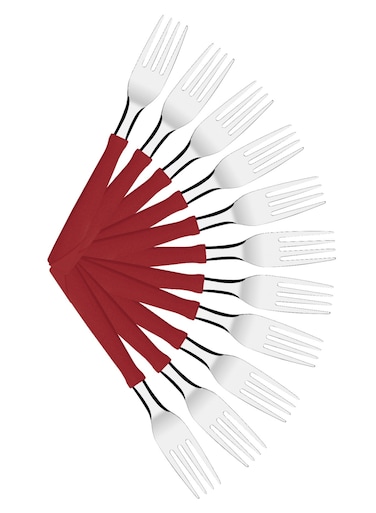 New Kolor 12 Pieces Stainless Steel Table Forks Set with Red Polypropylene Handles