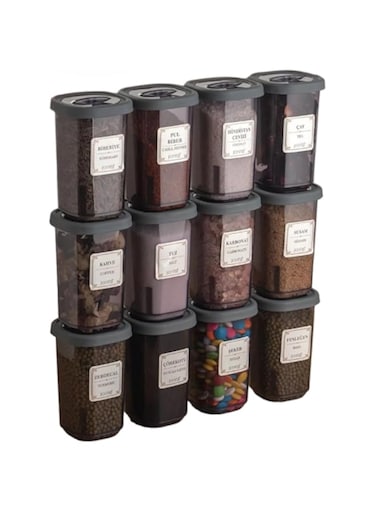 12 pieces x 350 ml Jar Set Food And Spices Storage Container, Food Storage, Box, Jars with Lids, Home, Kitchen, Tea, Sugar, Salt (Gray)