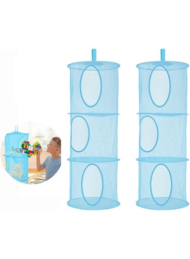 Hanging Organizer Mesh Space Saver Bag Mesh Storage Space Saver Bags Organizer Foldable Storage Organizer 3 Compartments Toy Storage Basket for Kids Room Bathroom 2 Pack Mesh Hanging Baskets Blue