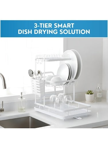 3 Tier Dish Drying Rack for Kitchen Counter &acirc;&euro;&ldquo; Large Capacity Metal Dish Rack with Utensil &amp; Knife Holder, Hooks, Drain Tray, Rustproof Dish Drainer for Plates, Bowls &amp; Cups