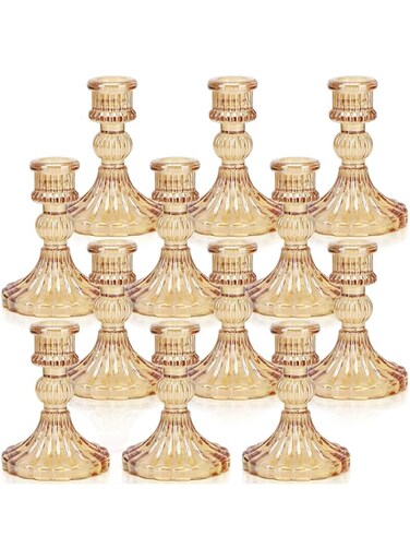 DARJEN Candlestick Holders Set, 4" H Taper Candle Holders Bulk, 12Pcs Glass Candle Holders for Wedding, Festival, Party &amp; Windowsill Decor, Amber