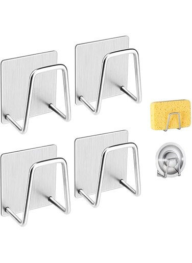 Chielor 4 Pcs Premium Sponge Holders, Strong Adhesion Rustproof &amp; Waterproof Small Sponge Holder for Kitchen Sink, Caddy, Brush &amp; Pot Lid - Minimal Size - SUS304 Stainless Steel