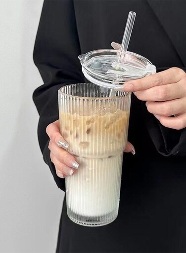 1PCS Coffee Cup Simple Vertical Stripes Water Glasses with Lid and Straw
