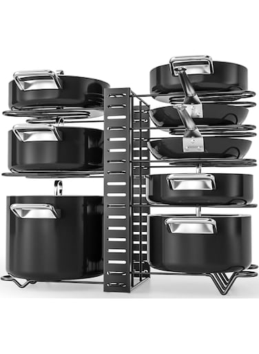 e World Pots and Pans Organizer for Cabinet,Kitchen Organizer and Storage Rack,Space Saving Stand with Adjustable Dividers,8 Layer Double Sided With Iron Wire Black.
