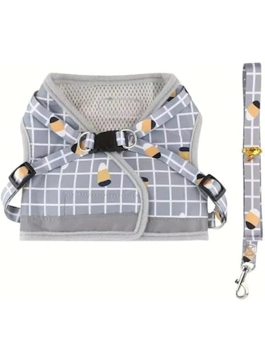 Plaid Pattern Pet Leash Vest Harness Set, Small and Medium Sizes, for Dogs and Cats (Grey, Large)