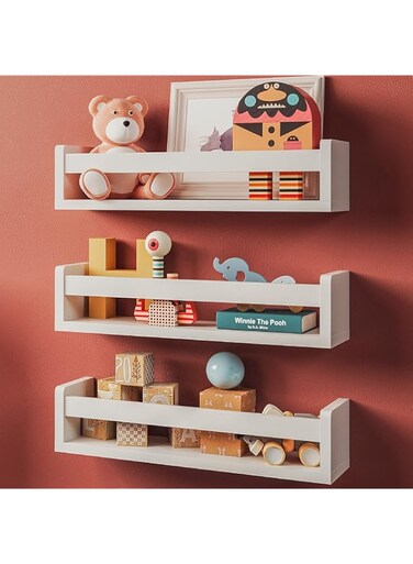BPA Set of 3 White Nursery Room Shelves - Solid Wood Ideal for Books, Toys and Decor (Classic White)