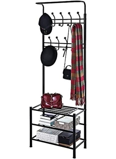 Rack Floor Standing Clothes Hanging Storage Shelf, Shoe Hats Coat Racks Clothes Hanger Metal Shoes Hats Storage Shelf Holder Rack Multifunction Clothers Storage Shelf (Black)
