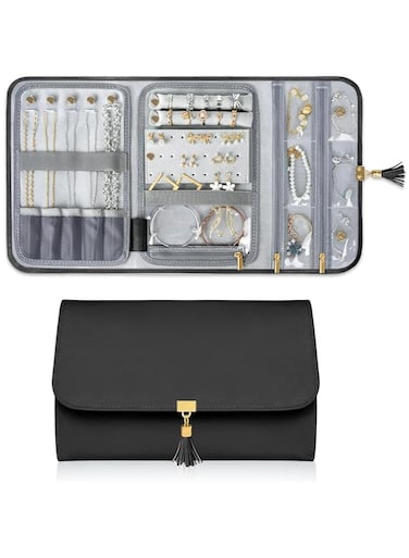 Portable Jewelry Organizer, Travel Jewelry Storage Case for Women Jewelry Pouch Tangle Free Jewelry Storage Roll Bag with Waterproof &amp; Lightweight for Necklaces/Rings/Earrings/Bracelets (Black)