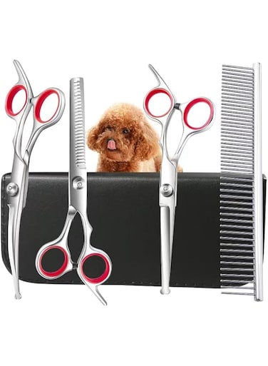 Professional 4CR Stainless Steel Safety Round Tip 5 in 1 Dog Scissors for Grooming, Heavy Duty Titanium Coated Pet Grooming Scissor for Dogs, Cats and Other Animals