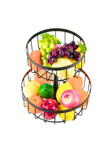 2 Tier Countertop Metal Fruit Basket Fruit Bowl Bread Basket Vegetable Holder Organiser 2 Level Decorative Storage Stand Tray for Home Kitchen Countertop Great Gift Black