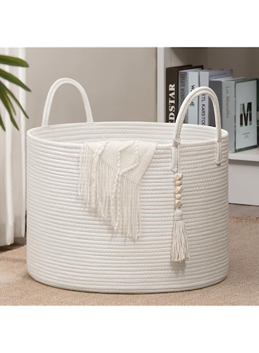 Goodpick Large Laundry Basket Decorative White Basket for Blankets, Baby Storage Basket for Nursery, Living Room, Bedroom, Big Rope Hamper 17.7 x 12.6 Inches, White