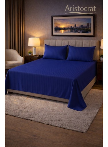 3&acirc;&euro;&lsquo;Piece Striped Microfiber Flat Bed Sheet Set Super King 240x260cm &acirc;&euro;&ldquo; Soft Breathable Flat Sheet with 2 Pillowcases 50x70cm, Royal Blue Microfiber Royal Blue 240x260cm