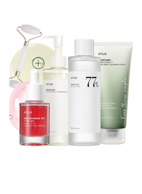 Anua Complete Pack Pore Control Cleansing Oil - Niacinamide Serum 10% - 77% Soothing Toner PH 5.5 - Pore Deep Cleansing Foam - &amp; Massage Roller Korean Beauty Facial Care 630ml