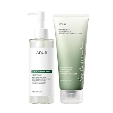 Anua Mild Double Cleanser Duo For Facial Cleansing : Heartleaf Pore Control Cleansing Oil Mild &amp; Heartleaf Quercetinol Pore Deep Cleansing Foam For Double Cleansing, Blackhead Remover, Korean Skincare