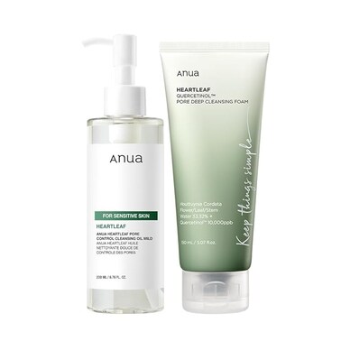 Anua Mild Double Cleanser Duo For Facial Cleansing : Heartleaf Pore Control Cleansing Oil Mild &amp; Heartleaf Quercetinol Pore Deep Cleansing Foam For Double Cleansing, Blackhead Remover, Korean Skincare
