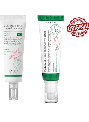 AXIS-Y Set Of 2 Physical Sunscreen SPF50+ And Dark Spot Correcting Glow Serum 50ml