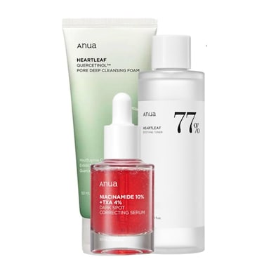 Anua Heartleaf Quercetinol Pore Deep Cleansing Foam, Heartleaf 77% Soothing Toner And Niacinamide 10% + TXA 4% Set