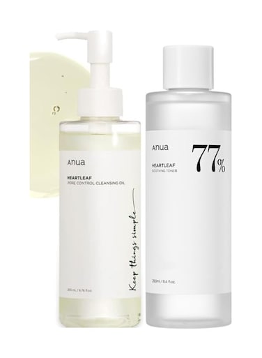 Anua Heartleaf Pore Control Cleansing Oil &amp; 77% Soothing Toner Set - Korean Facial Cleanser For Daily Makeup Removal, Blackheads Control, pH 5.5 Trouble Care, Calming &amp; Hydrating (200ml / 250ml) 450ml