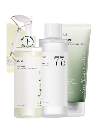 Anua Set - (Pore Control Cleansing Oil - Deep Cleansing Foam - 77% Soothing Toner, pH 5.5 &amp; Massage Roller) Korean Facial Cleansers - Trouble Care - Calming Skin - Refreshing - Hydrating 600ml