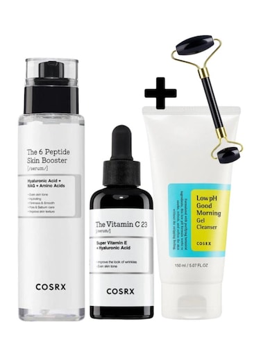 Cosrx Radiant Glow Set &amp; Face Massage Roller - The 6 Peptide Skin Booster - Vitamin C 23 Serum - Low pH Good Morning Gel Cleanser - Embrace Effortless Radiance For Your Skin 320ml
