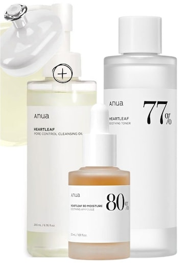 Anua Heartleaf Skincare Set - Pore Control Cleansing Oil - 77 Soothing Toner - And 80% Moisture Soothing Ampoule For Clear - Hydrated - And Balanced Skin - Face Scrubber - 480ml