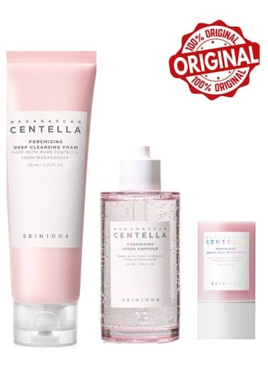 سكين1004 مجموعة تنظيف مسام مدغشقر سنتيلا 3 قطع - رغوة تنظيف عميقة 125 مل، أمبول فريش 100 مل وقناع سريع من الطين 27 جرام (المجموعة 225 مل + 27 جرام)
