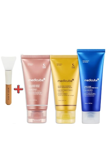 Medicube Pore &amp; Glow K-Viral Mask Set: Turmeric Overnight Wrapping Peel Off Mask And Collagen Overnight Wrapping Peel Off Facial Mask Pack And Zero Pore Blackhead Mud Facial Mask And Jelly Brush 1
